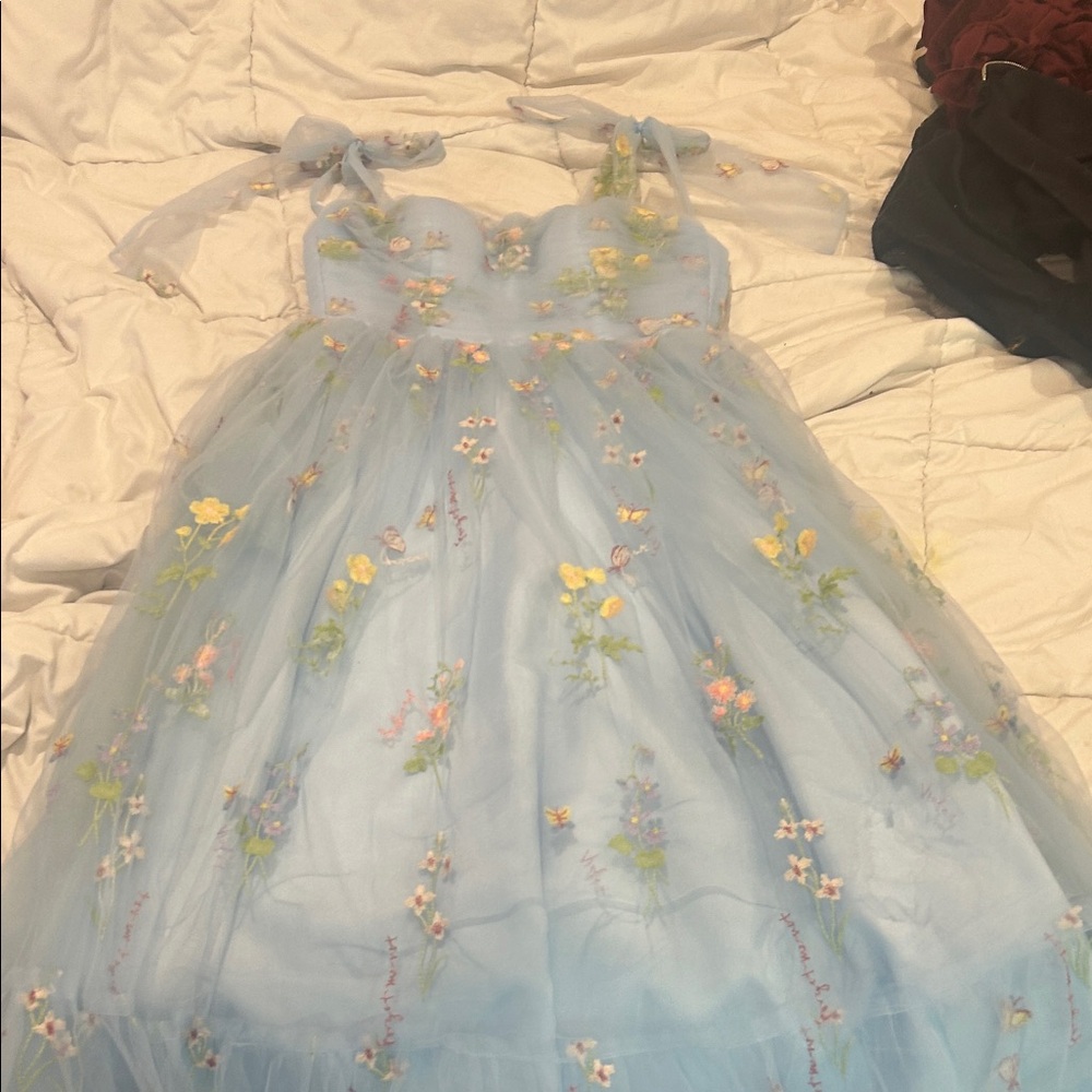 Floral Embroidered Blue Dress